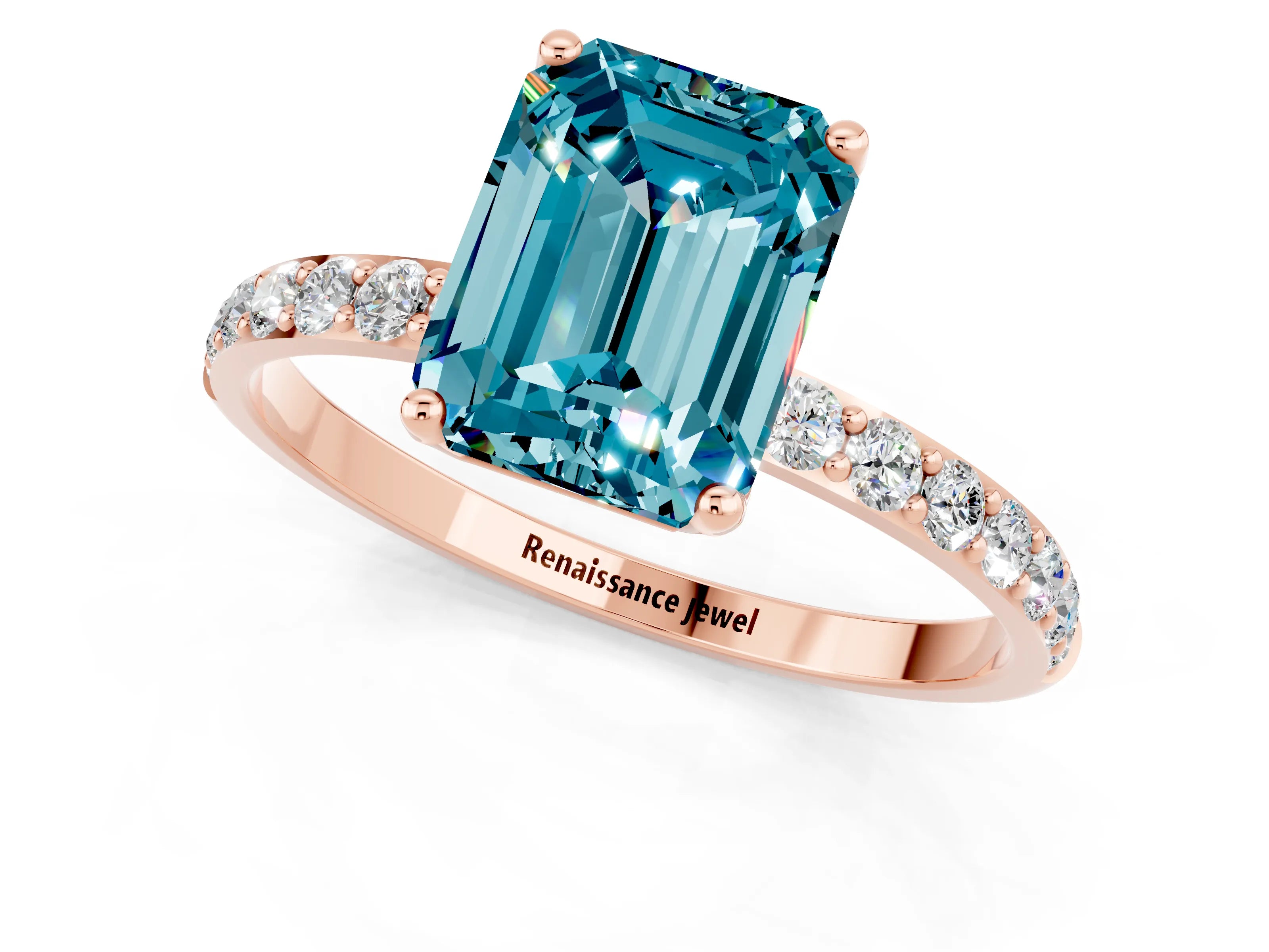 Rose gold Emerald Cut Blue Topaz Solitaire Engagement Ring with Pavé Band and Prong Setting_1