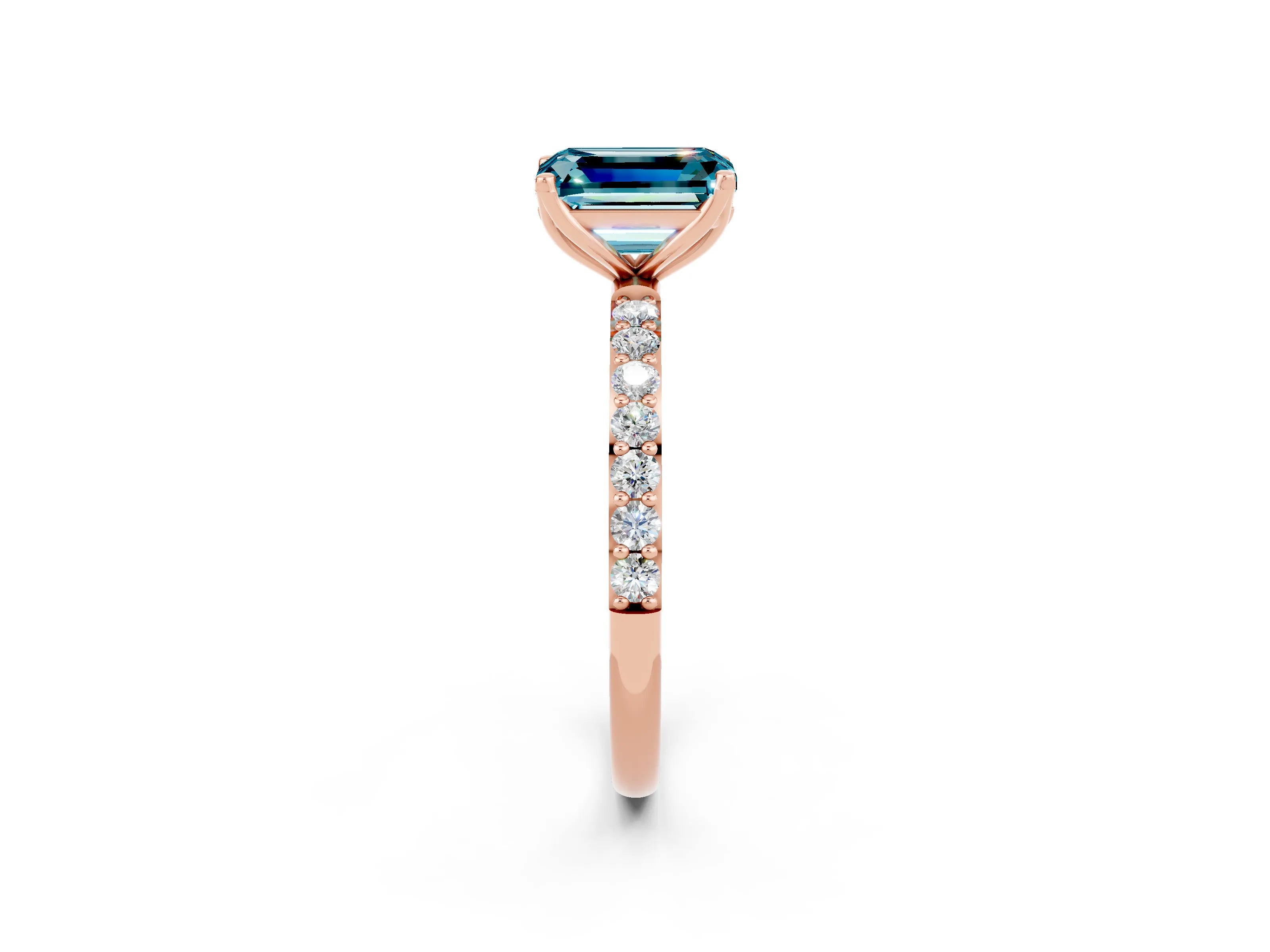 Rose gold Emerald Cut Blue Topaz Solitaire Engagement Ring with Pavé Band and Prong Setting_2