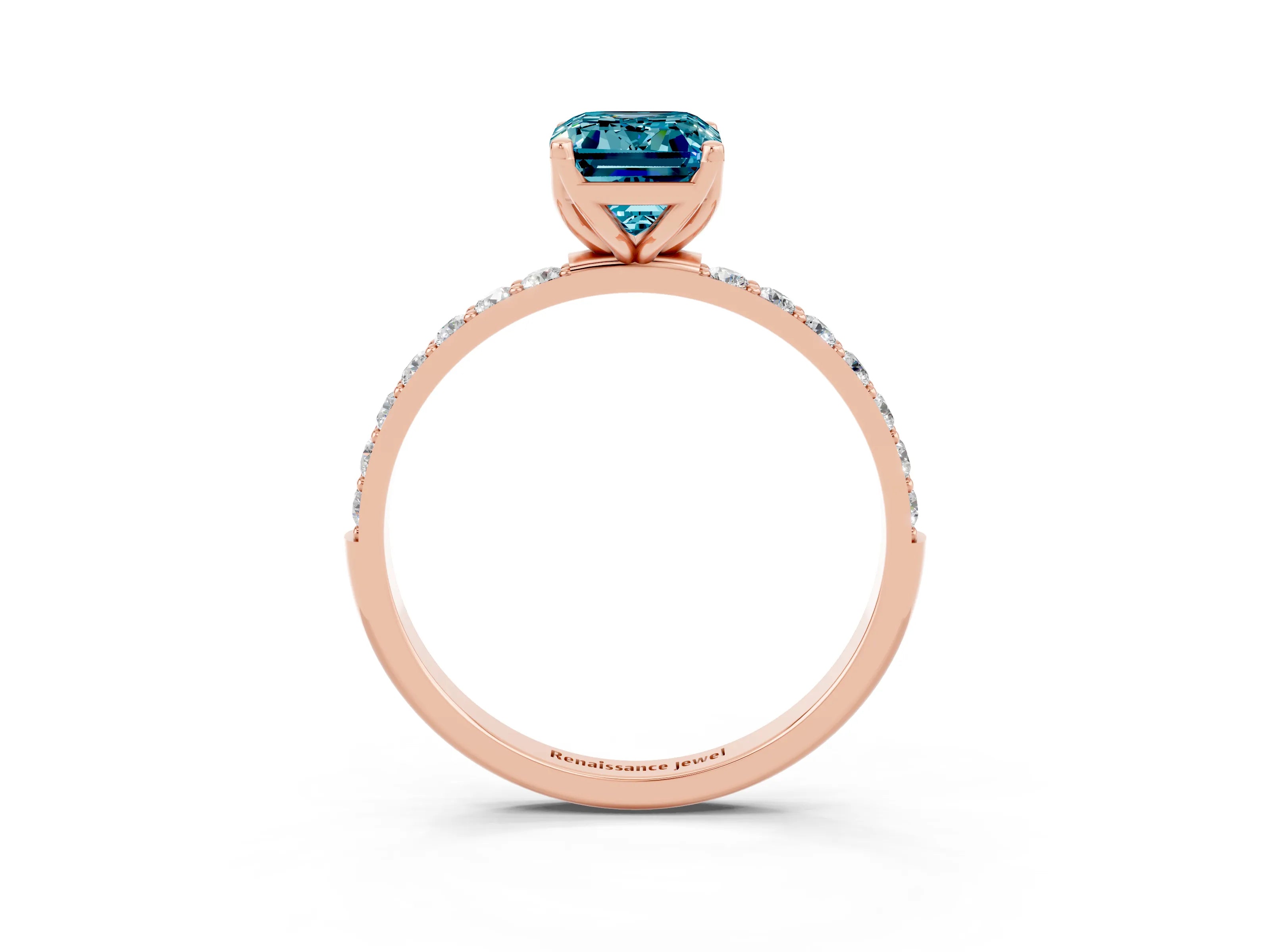 Rose gold Emerald Cut Blue Topaz Solitaire Engagement Ring with Pavé Band and Prong Setting_3