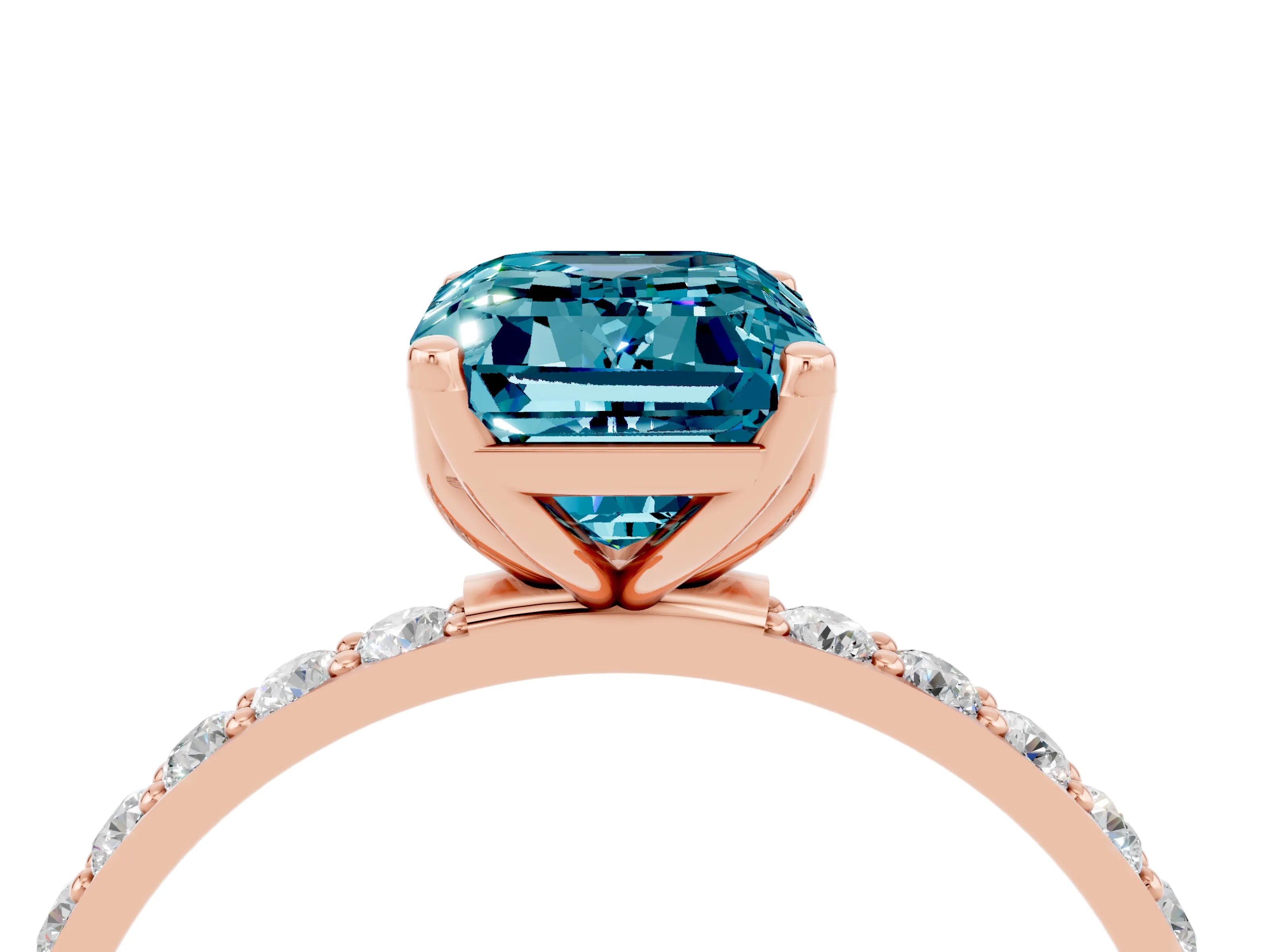 Rose gold Emerald Cut Blue Topaz Solitaire Engagement Ring with Pavé Band and Prong Setting_4