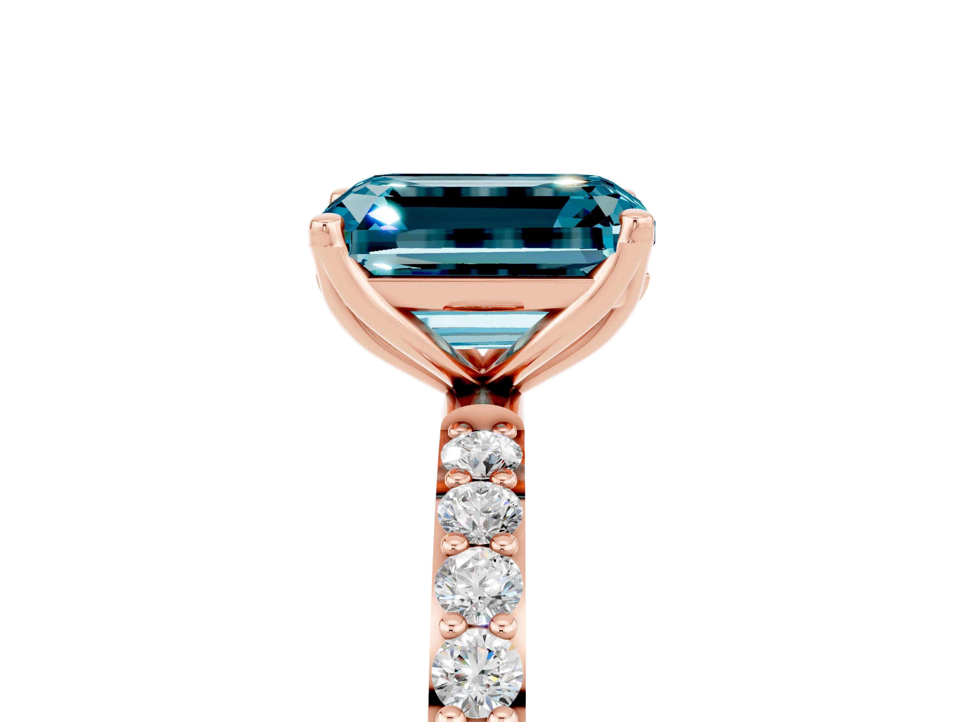 Rose gold Emerald Cut Blue Topaz Solitaire Engagement Ring with Pavé Band and Prong Setting_5