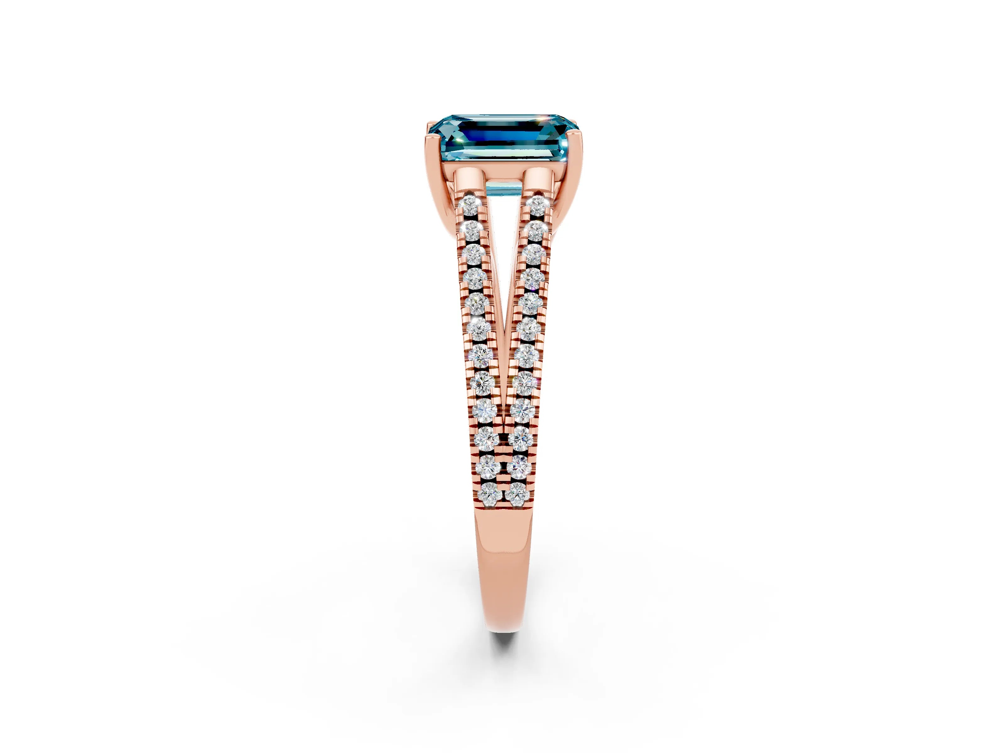 Rose gold Emerald Cut Blue Topaz Solitaire Engagement Ring with Split Shank Pavé Band_2