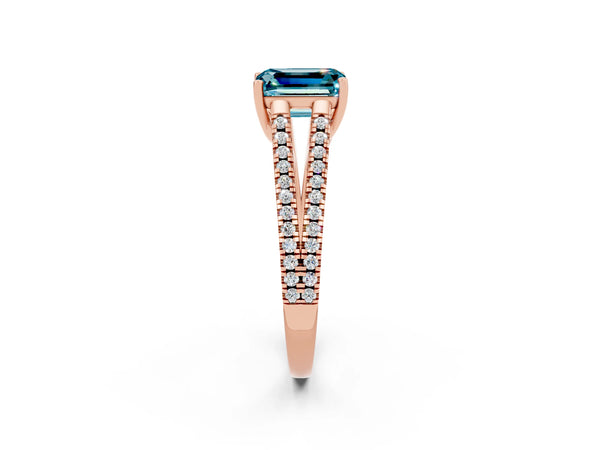 Rose gold Emerald Cut Blue Topaz Solitaire Engagement Ring with Split Shank Pavé Band