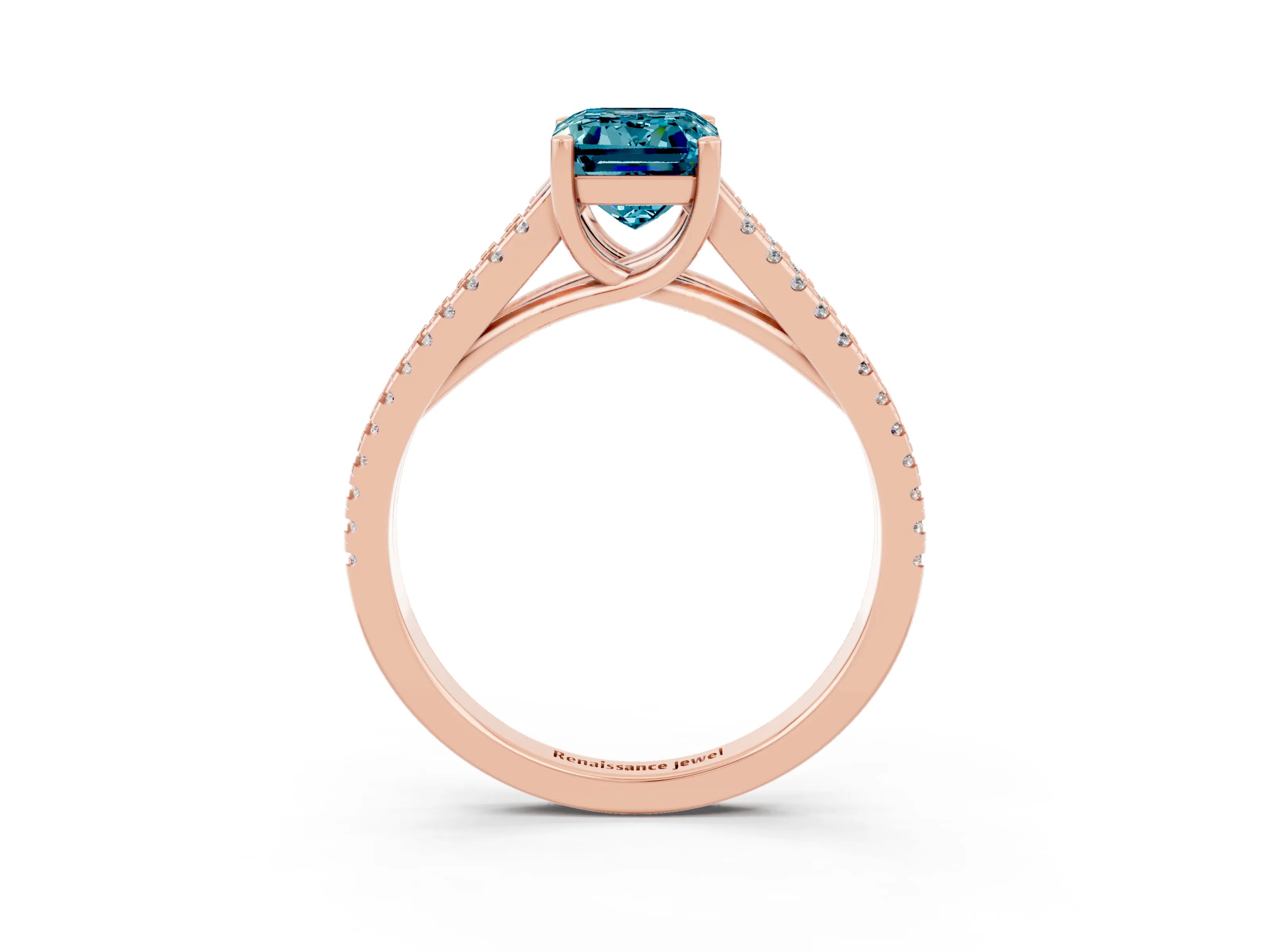 Rose gold Emerald Cut Blue Topaz Solitaire Engagement Ring with Split Shank Pavé Band_3