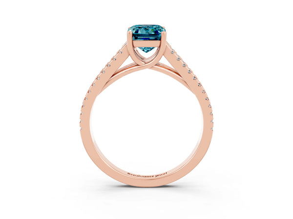 Rose gold Emerald Cut Blue Topaz Solitaire Engagement Ring with Split Shank Pavé Band