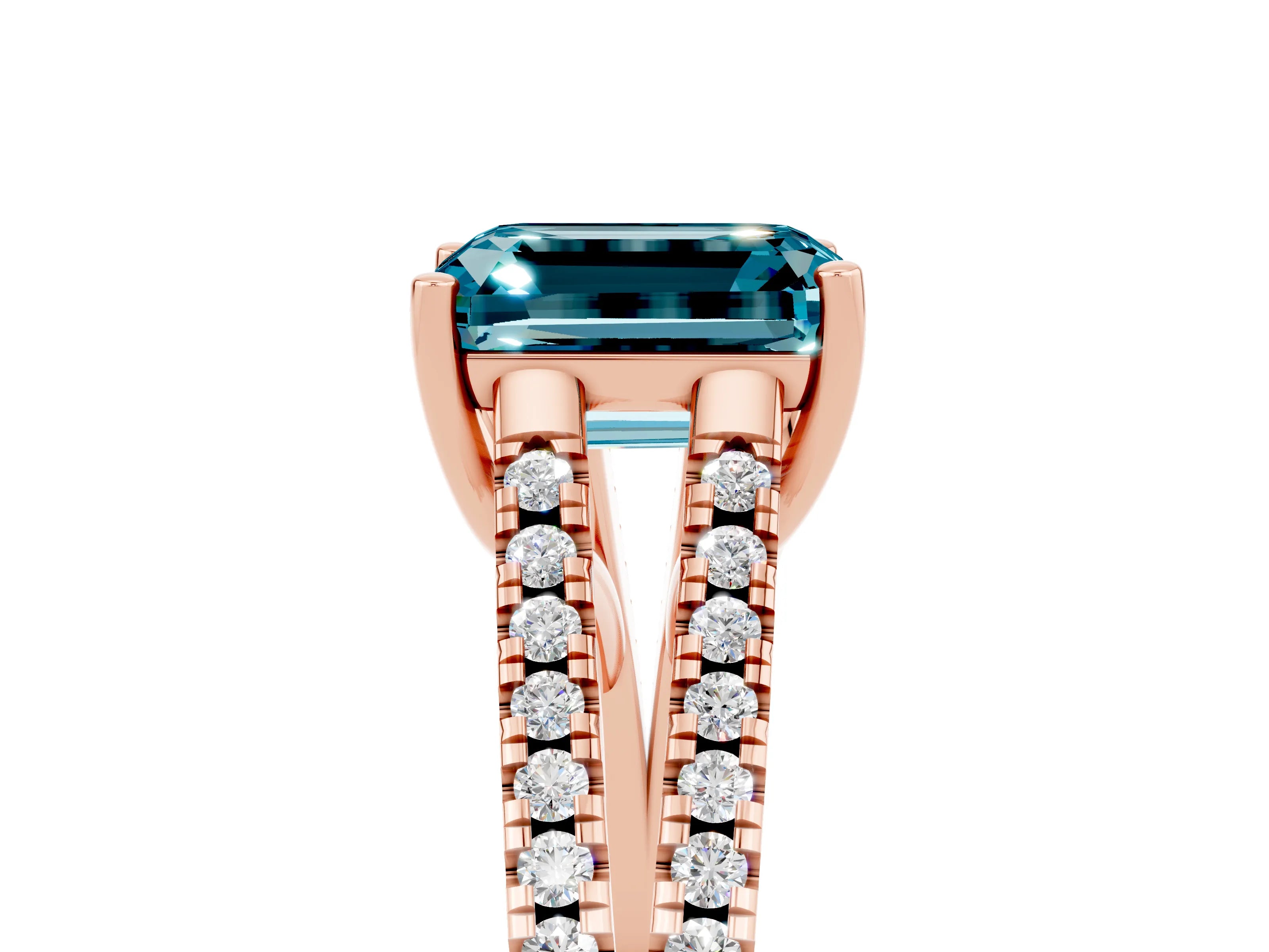 Rose gold Emerald Cut Blue Topaz Solitaire Engagement Ring with Split Shank Pavé Band_5