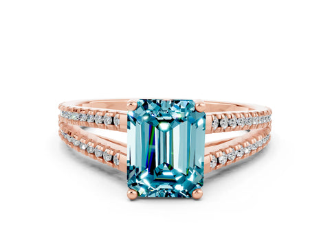 Rose gold Emerald Cut Blue Topaz Solitaire Engagement Ring with Split Shank Pavé Band
