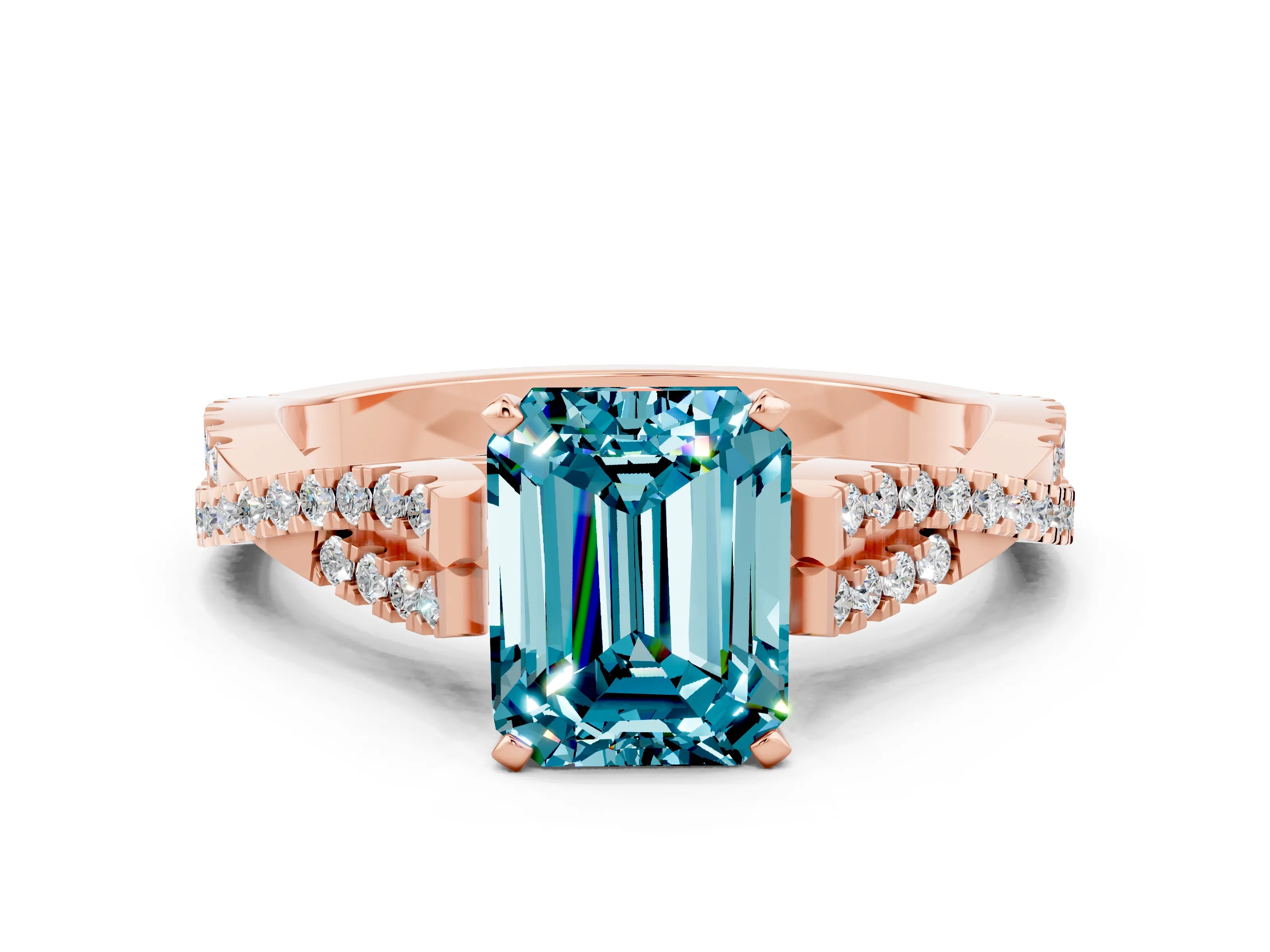 Rose gold Emerald Cut Blue Topaz Solitaire Engagement Ring with Twisted Pavé Band and Four-Prong Setting