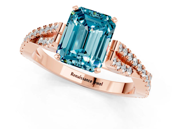 Rose gold Emerald Cut Blue Topaz Solitaire Engagement Ring with Twisted Pavé Band and Four-Prong Setting