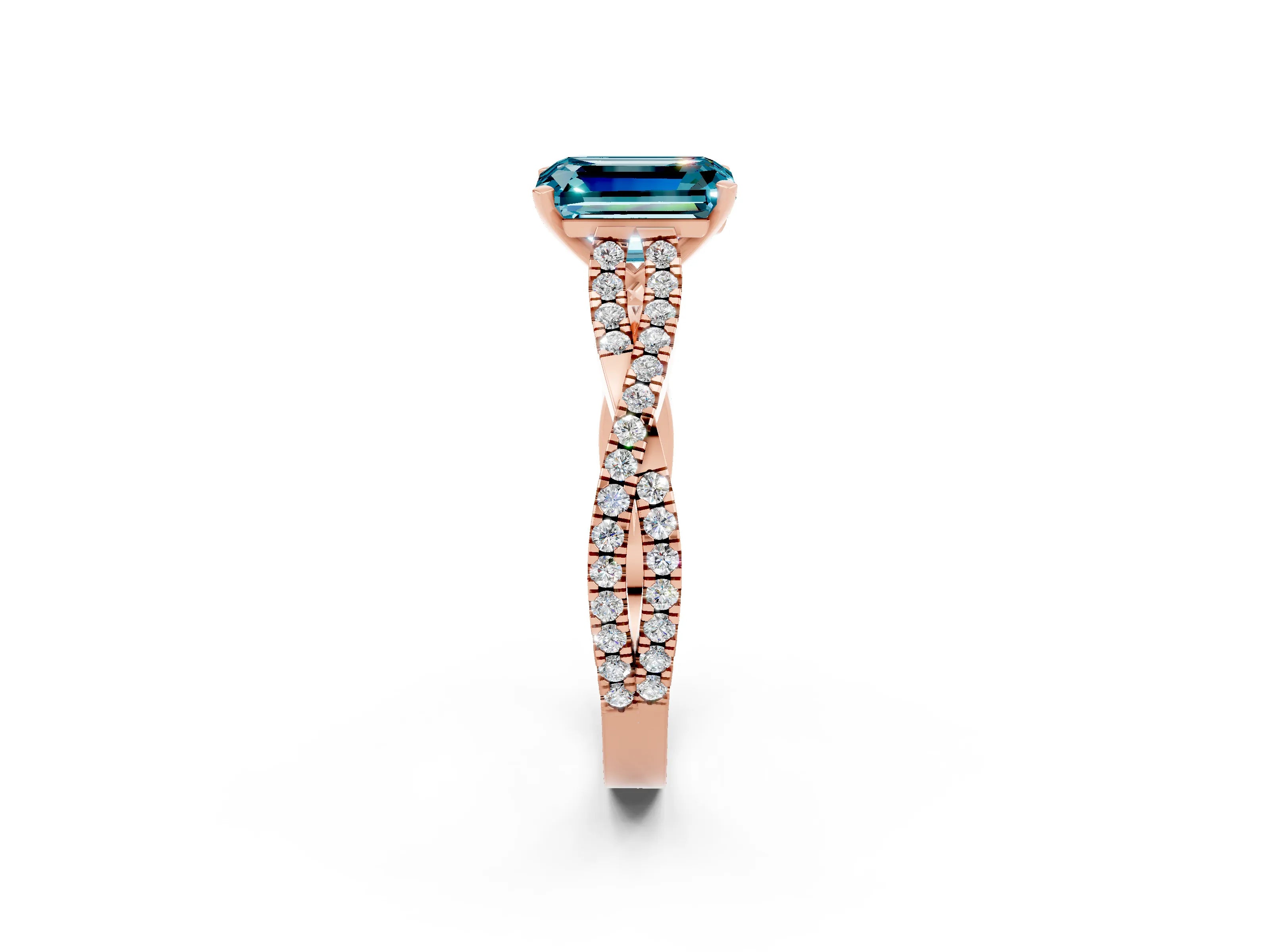 Rose gold Emerald Cut Blue Topaz Solitaire Engagement Ring with Twisted Pavé Band and Four-Prong Setting_2
