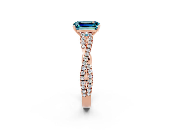 Rose gold Emerald Cut Blue Topaz Solitaire Engagement Ring with Twisted Pavé Band and Four-Prong Setting