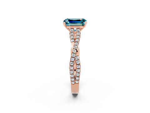 Rose gold Emerald Cut Blue Topaz Solitaire Engagement Ring with Twisted Pavé Band and Four-Prong Setting_2