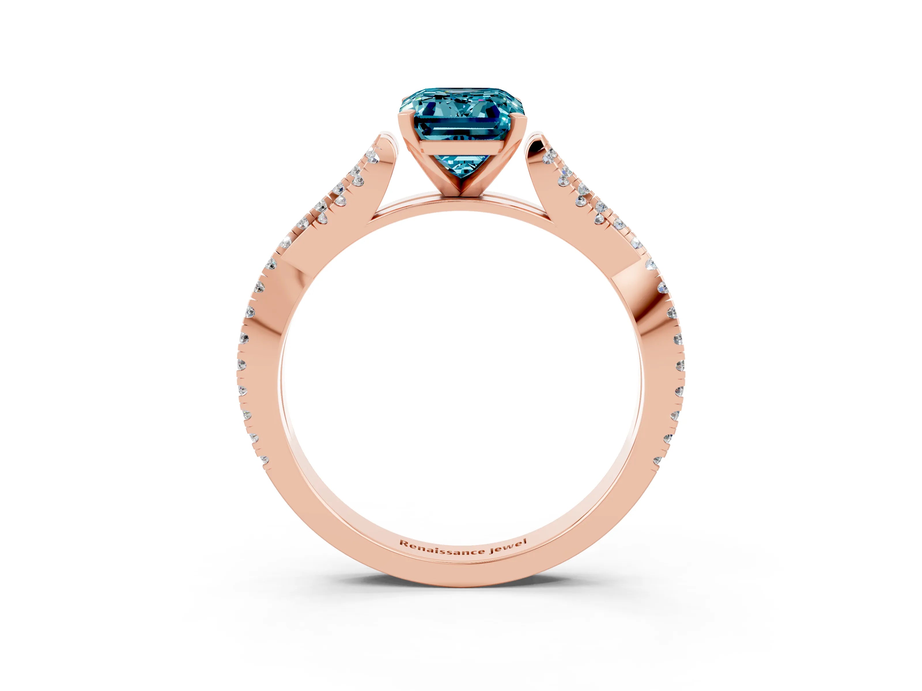 Rose gold Emerald Cut Blue Topaz Solitaire Engagement Ring with Twisted Pavé Band and Four-Prong Setting_3