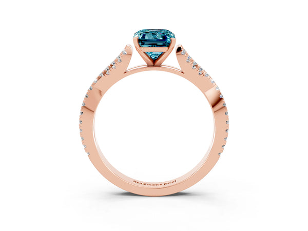 Rose gold Emerald Cut Blue Topaz Solitaire Engagement Ring with Twisted Pavé Band and Four-Prong Setting