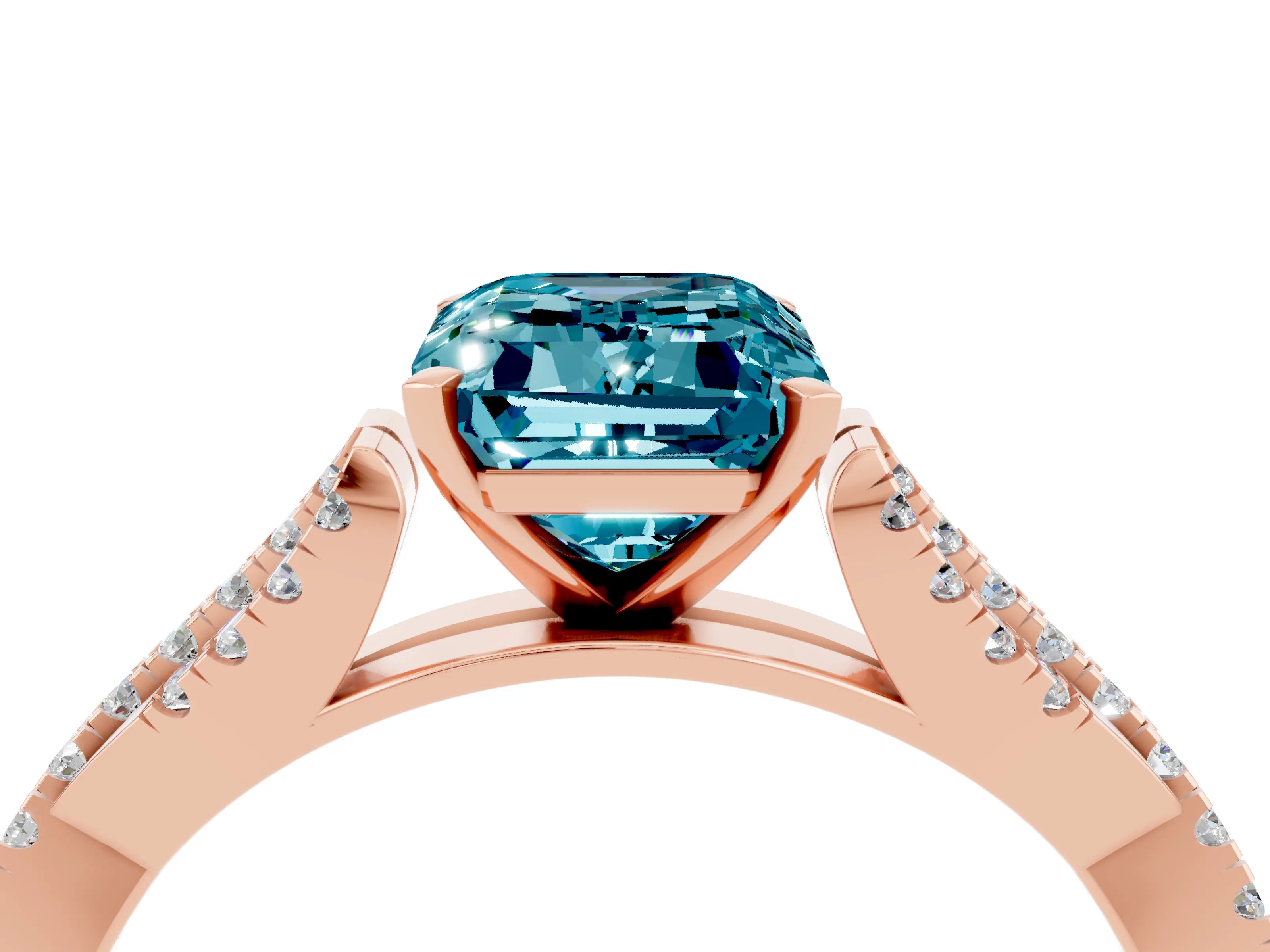 Rose gold Emerald Cut Blue Topaz Solitaire Engagement Ring with Twisted Pavé Band and Four-Prong Setting_4