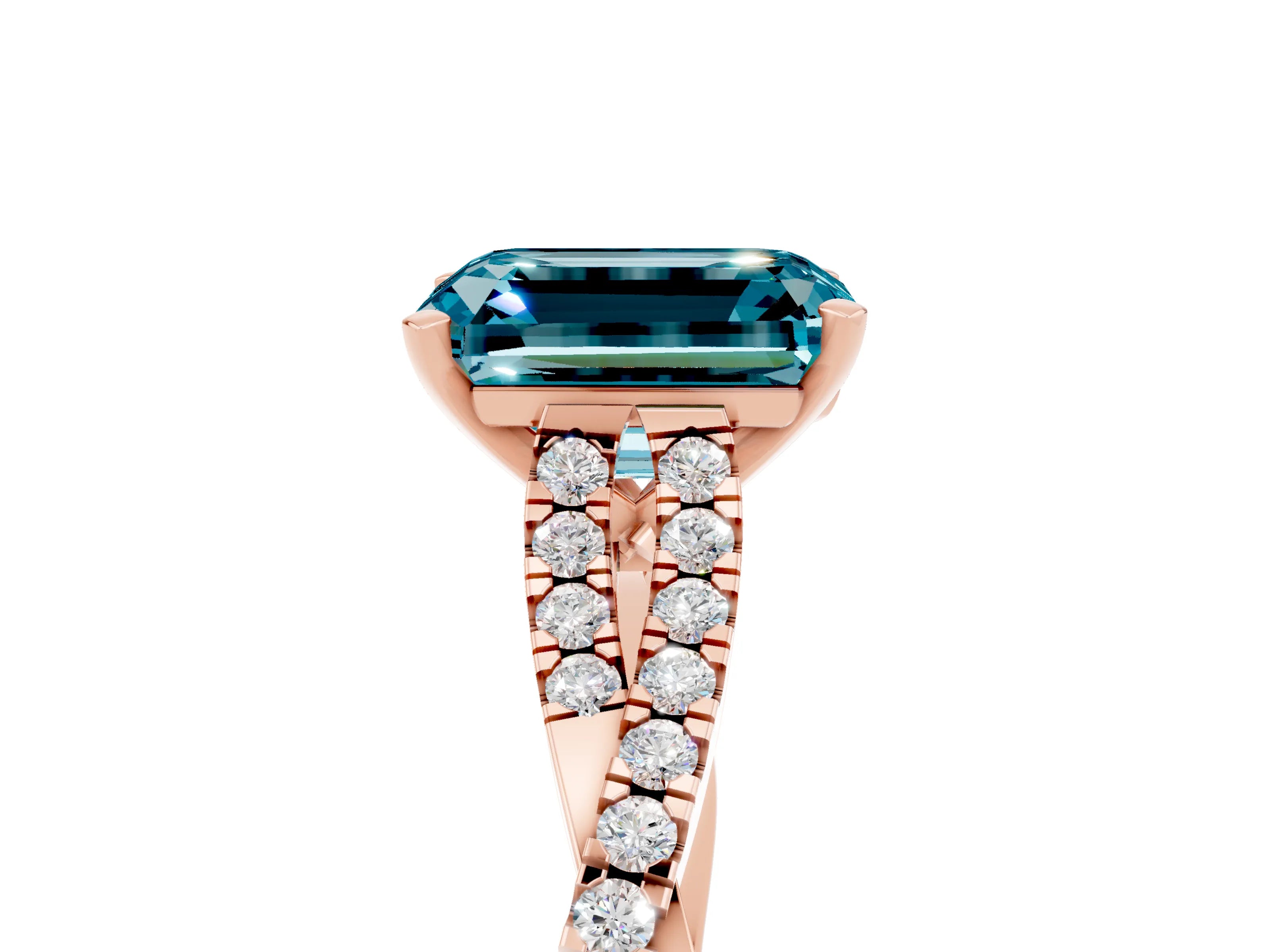 Rose gold Emerald Cut Blue Topaz Solitaire Engagement Ring with Twisted Pavé Band and Four-Prong Setting_5