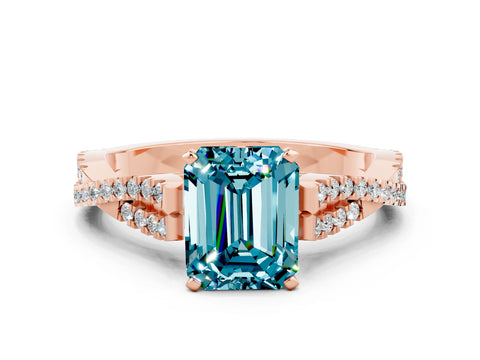 Rose gold Emerald Cut Blue Topaz Solitaire Engagement Ring with Twisted Pavé Band and Four-Prong Setting
