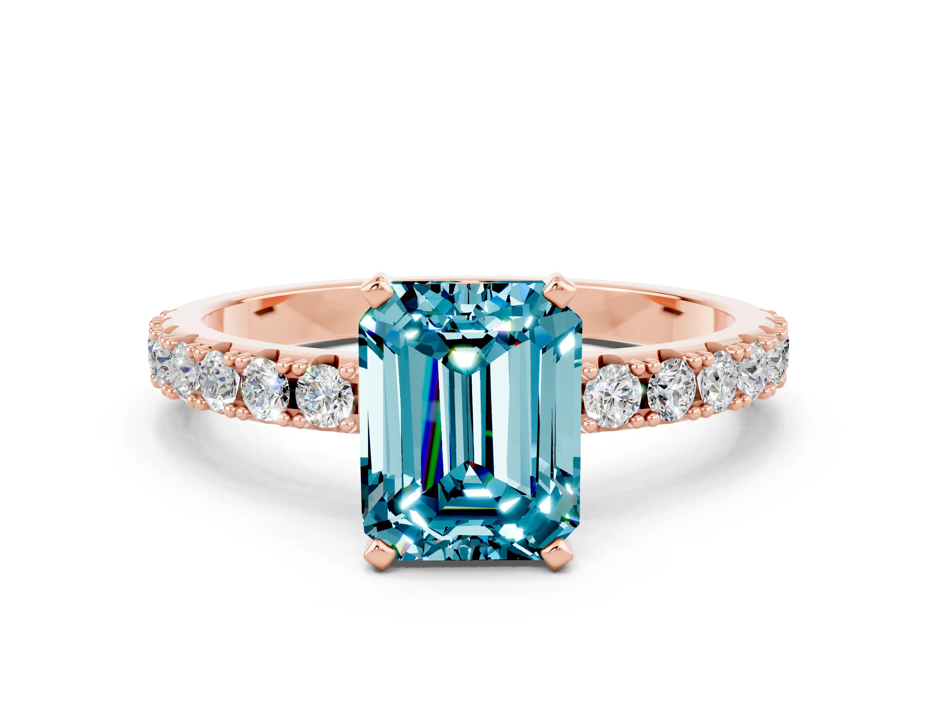 Rose gold Emerald Cut Blue Topaz Solitaire Pavé Band with Four-Prong Setting