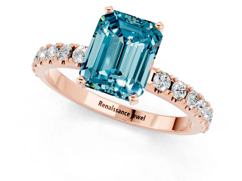 Rose gold Emerald Cut Blue Topaz Solitaire Pavé Band with Four-Prong Setting_1