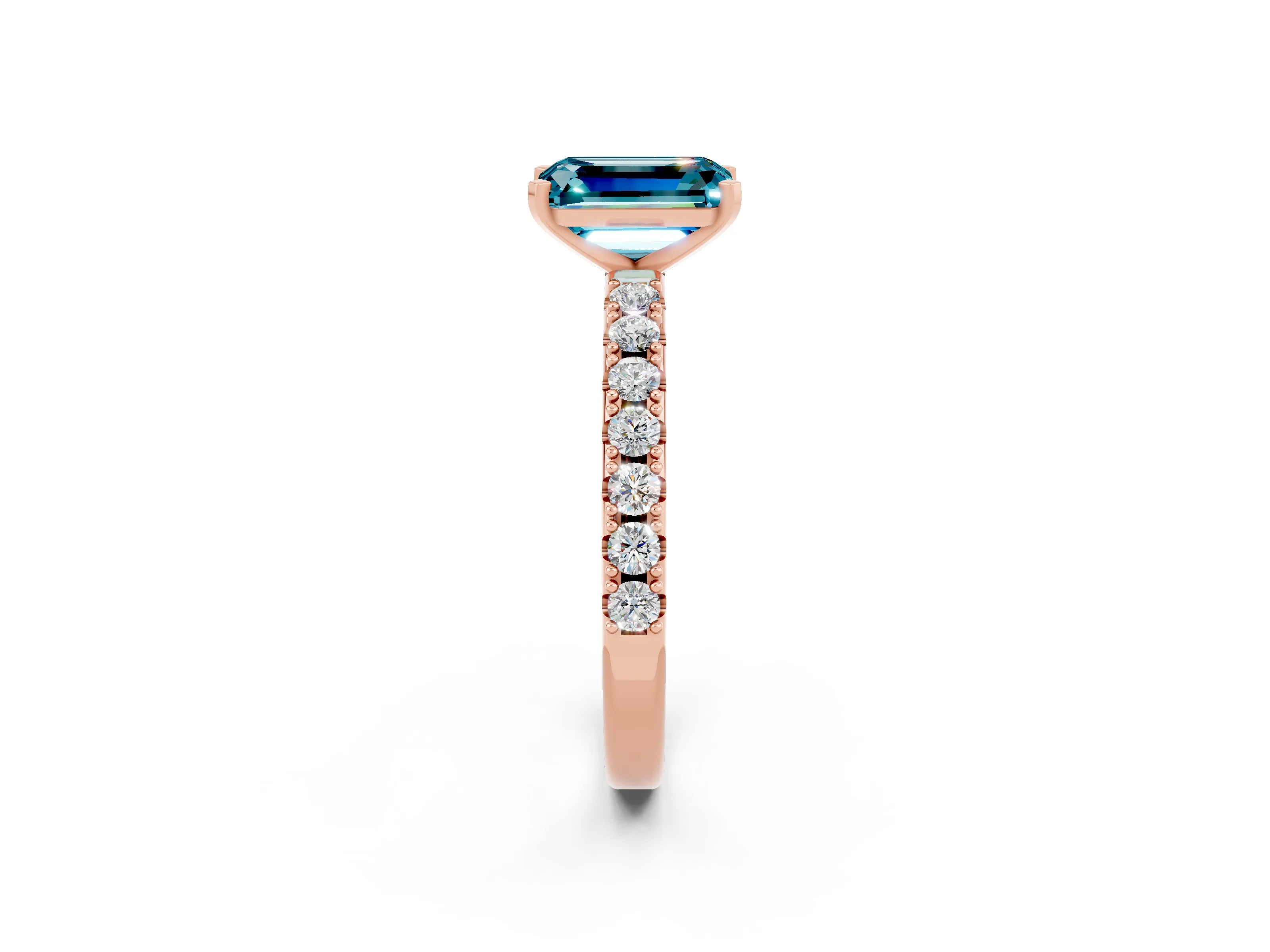 Rose gold Emerald Cut Blue Topaz Solitaire Pavé Band with Four-Prong Setting_2
