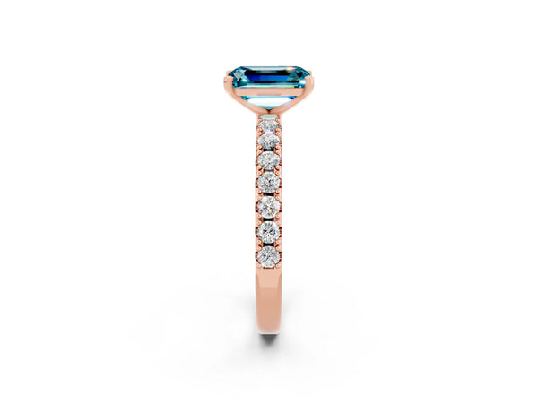 Rose gold Emerald Cut Blue Topaz Solitaire Pavé Band with Four-Prong Setting