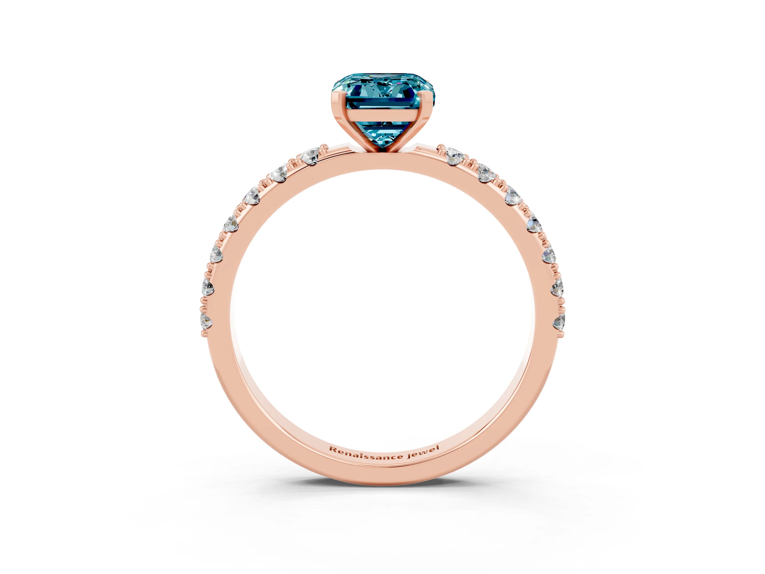 Rose gold Emerald Cut Blue Topaz Solitaire Pavé Band with Four-Prong Setting_3