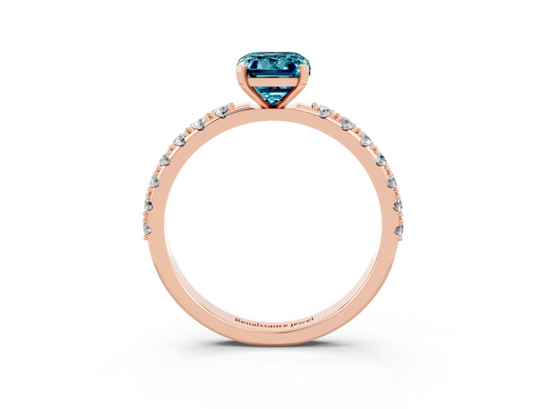 Rose gold Emerald Cut Blue Topaz Solitaire Pavé Band with Four-Prong Setting