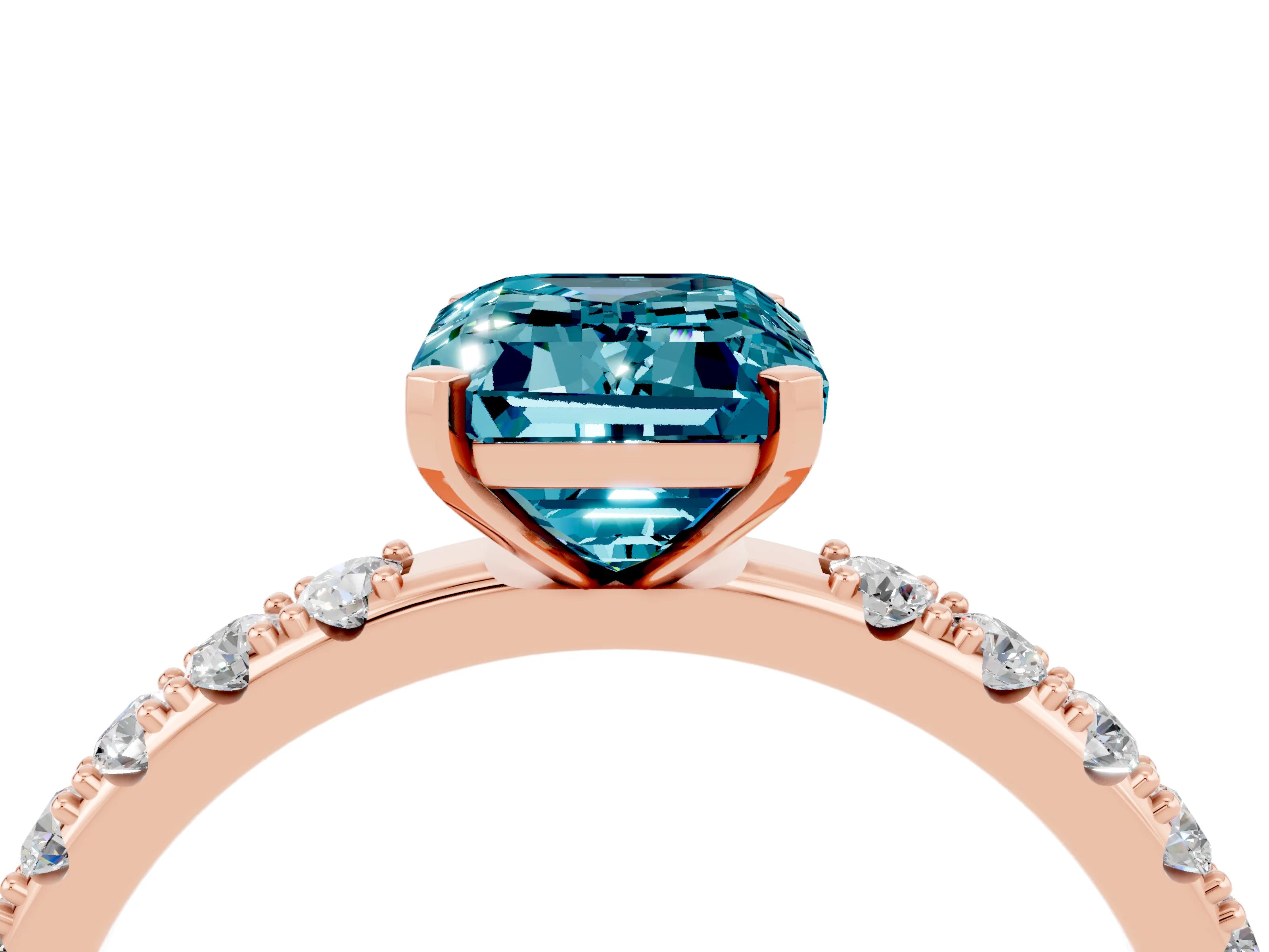 Rose gold Emerald Cut Blue Topaz Solitaire Pavé Band with Four-Prong Setting_4