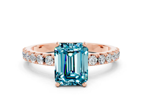 Rose gold Emerald Cut Blue Topaz Solitaire Pavé Band with Four-Prong Setting
