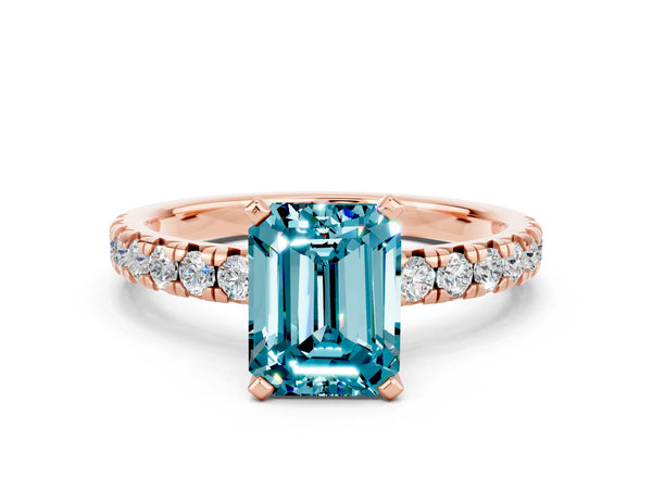 Rose gold Emerald Cut Blue Topaz Solitaire Pavé Engagement Ring with Round Band and Prong Setting