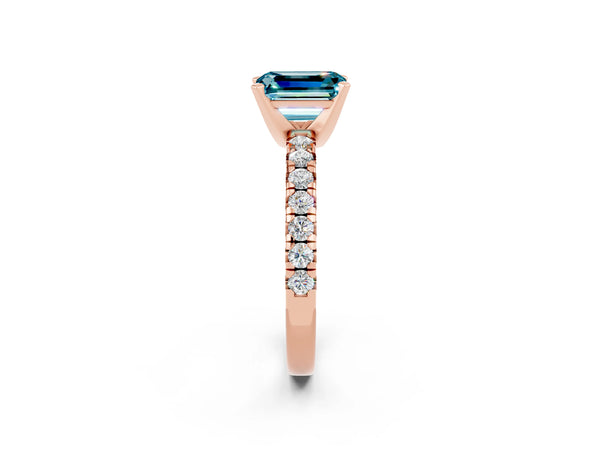 Rose gold Emerald Cut Blue Topaz Solitaire Pavé Engagement Ring with Round Band and Prong Setting