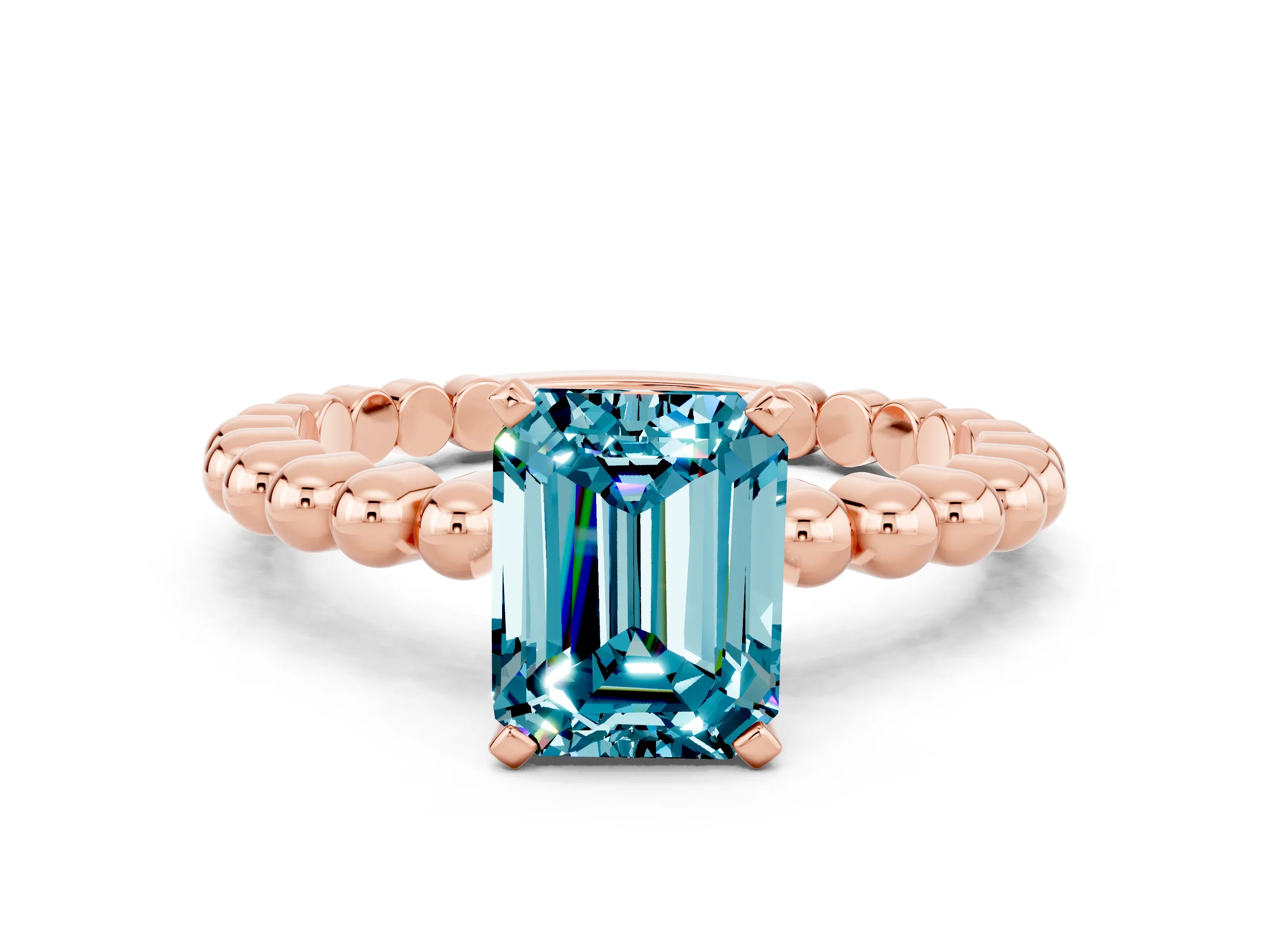 Rose gold Emerald Cut Blue Topaz Solitaire Ring with Beaded Band and Prong Setting