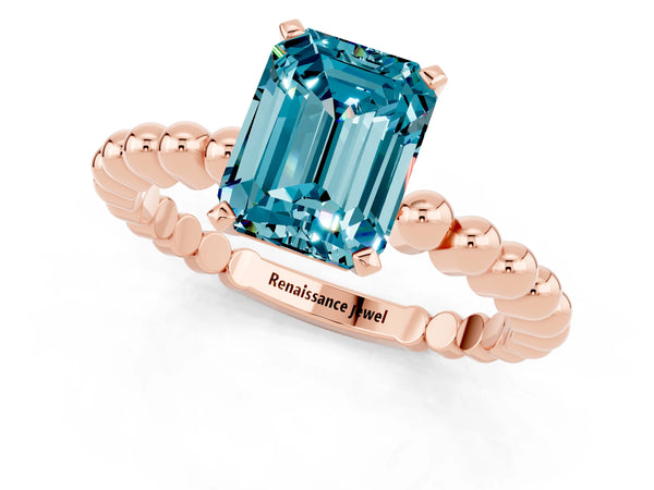 Rose gold Emerald Cut Blue Topaz Solitaire Ring with Beaded Band and Prong Setting