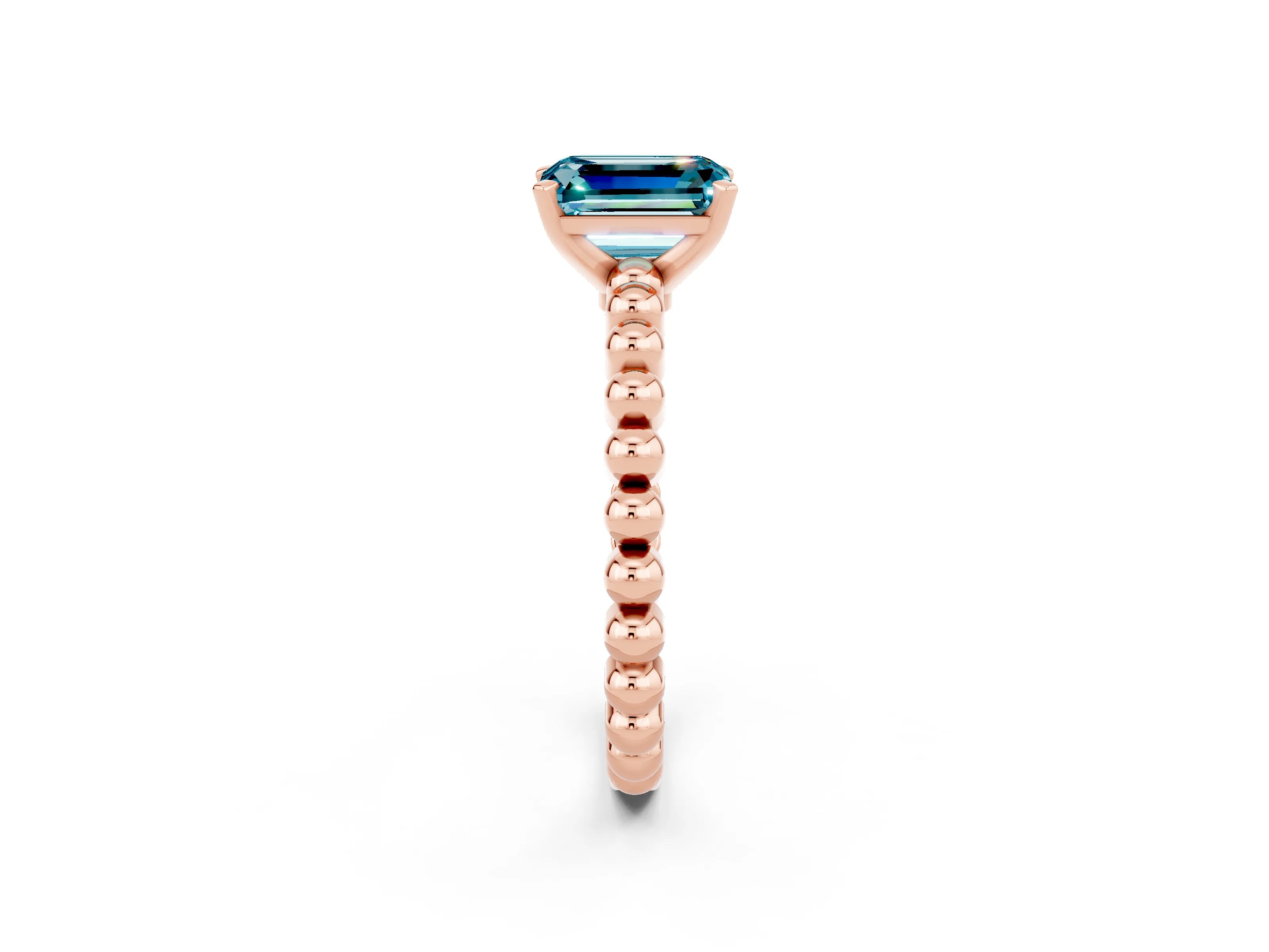 Rose gold Emerald Cut Blue Topaz Solitaire Ring with Beaded Band and Prong Setting_2