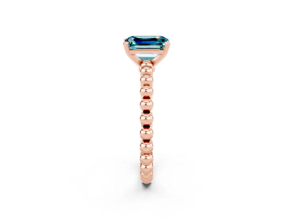 Rose gold Emerald Cut Blue Topaz Solitaire Ring with Beaded Band and Prong Setting