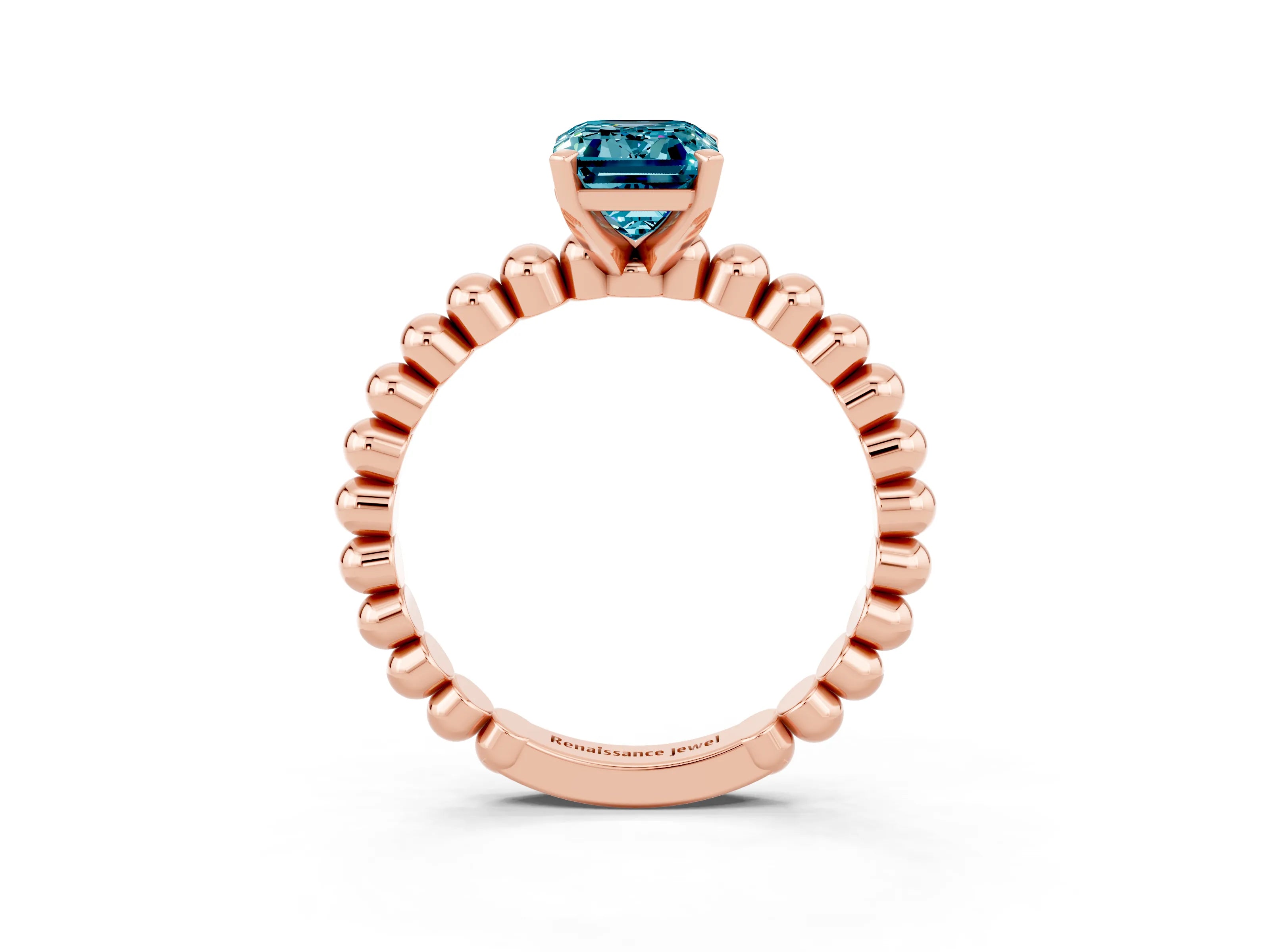 Rose gold Emerald Cut Blue Topaz Solitaire Ring with Beaded Band and Prong Setting_3