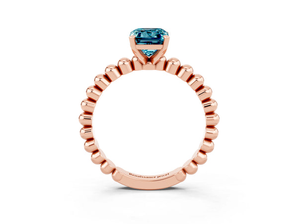 Rose gold Emerald Cut Blue Topaz Solitaire Ring with Beaded Band and Prong Setting
