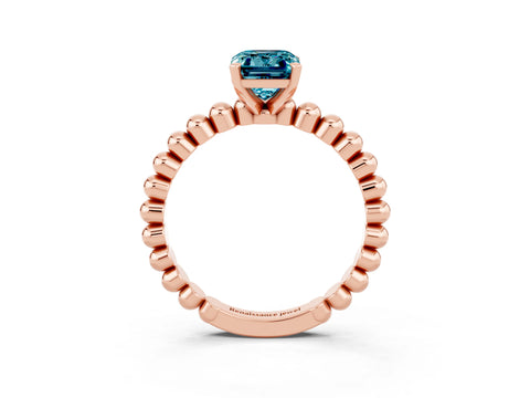 Rose gold Emerald Cut Blue Topaz Solitaire Ring with Beaded Band and Prong Setting_3