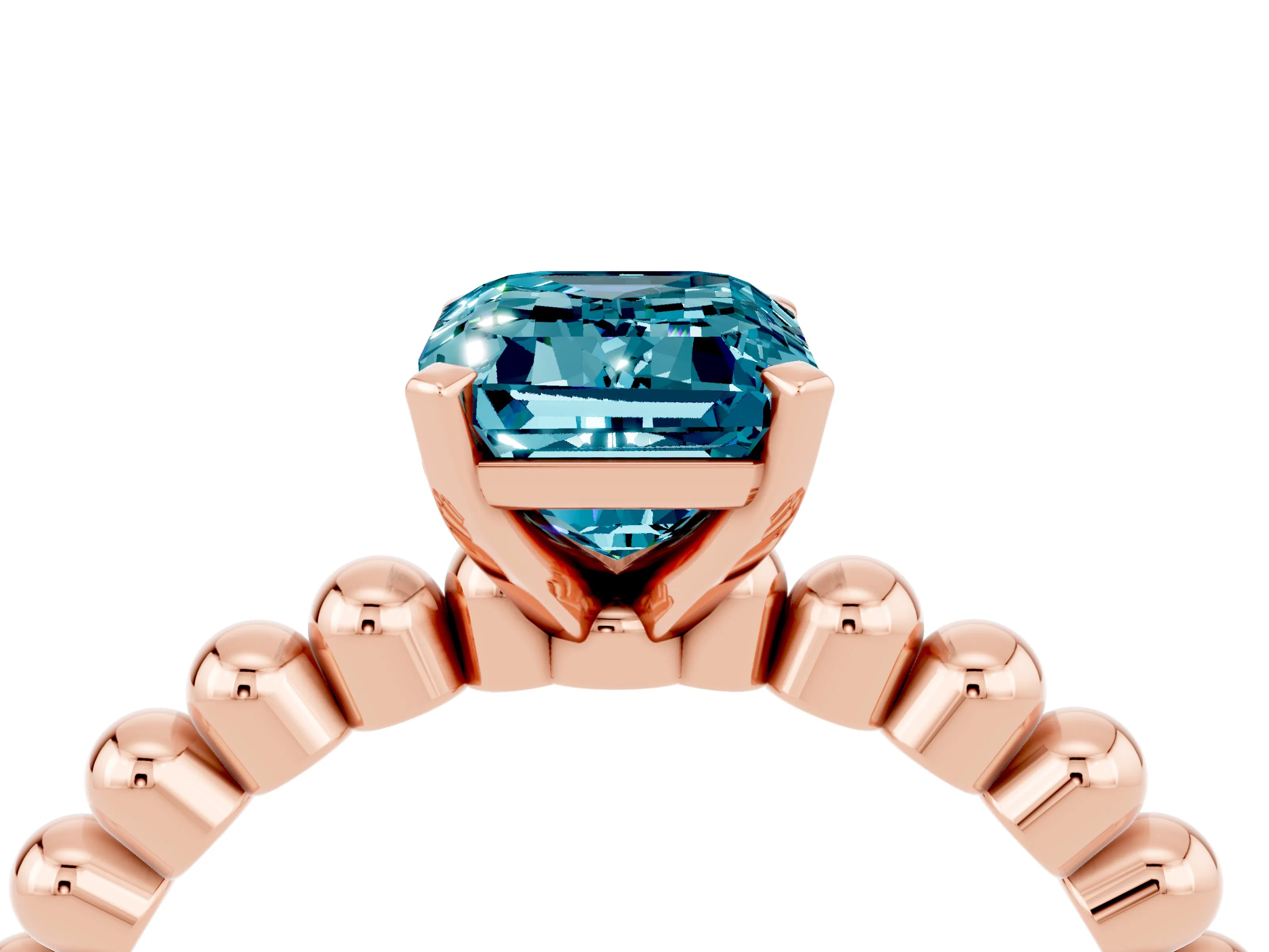 Rose gold Emerald Cut Blue Topaz Solitaire Ring with Beaded Band and Prong Setting_4