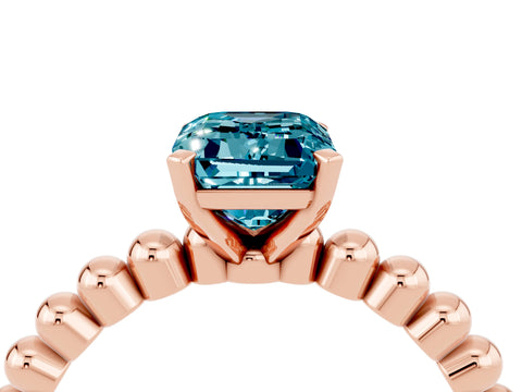 Rose gold Emerald Cut Blue Topaz Solitaire Ring with Beaded Band and Prong Setting_4