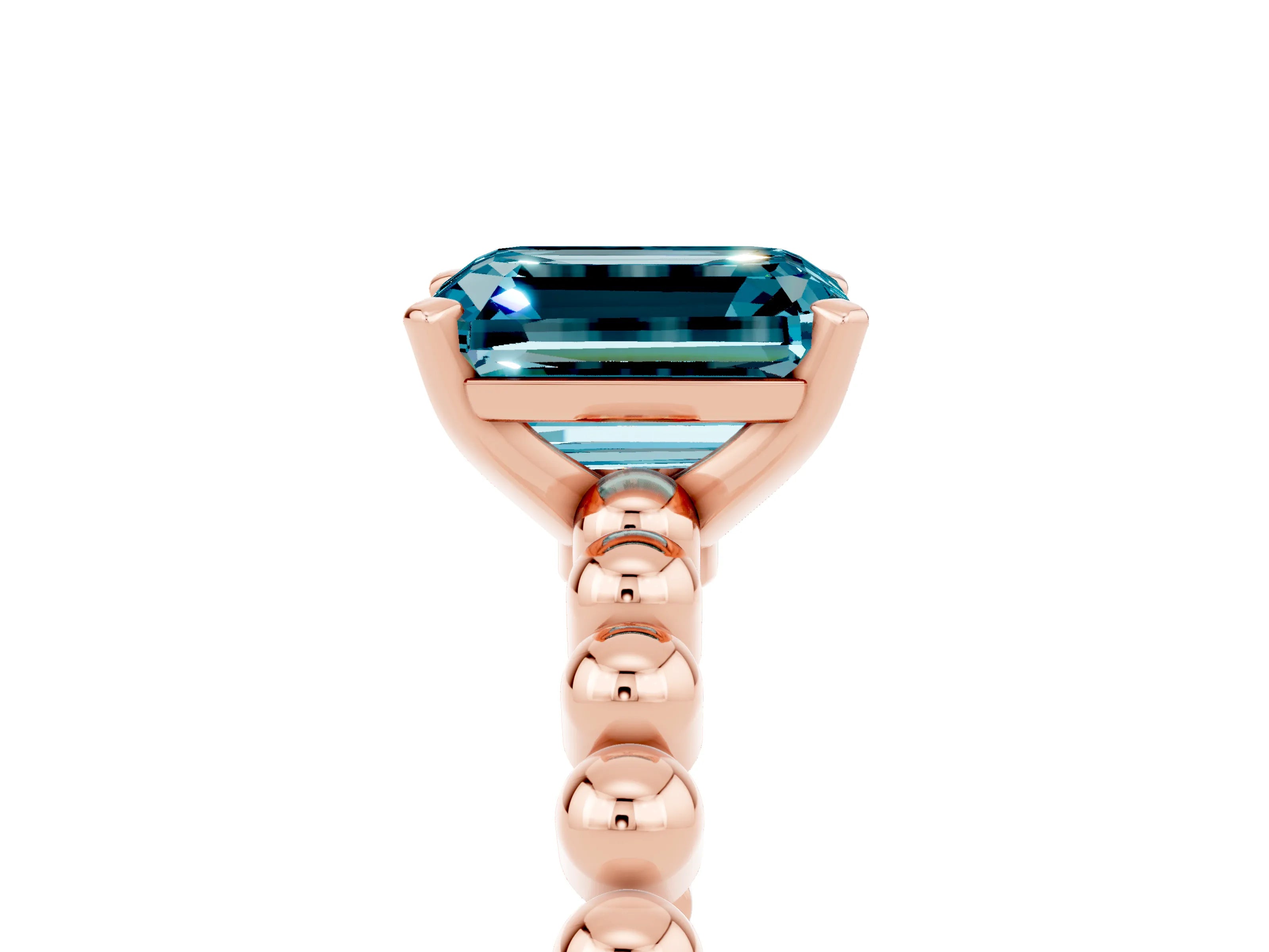 Rose gold Emerald Cut Blue Topaz Solitaire Ring with Beaded Band and Prong Setting_5