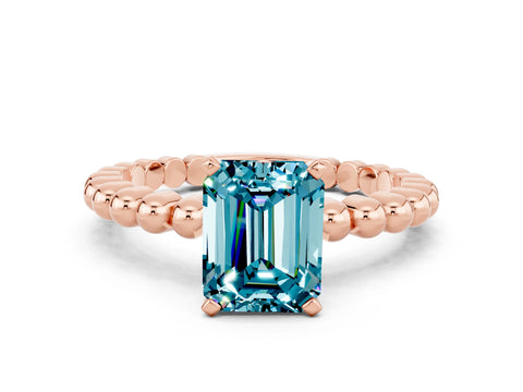 Rose gold Emerald Cut Blue Topaz Solitaire Ring with Beaded Band and Prong Setting