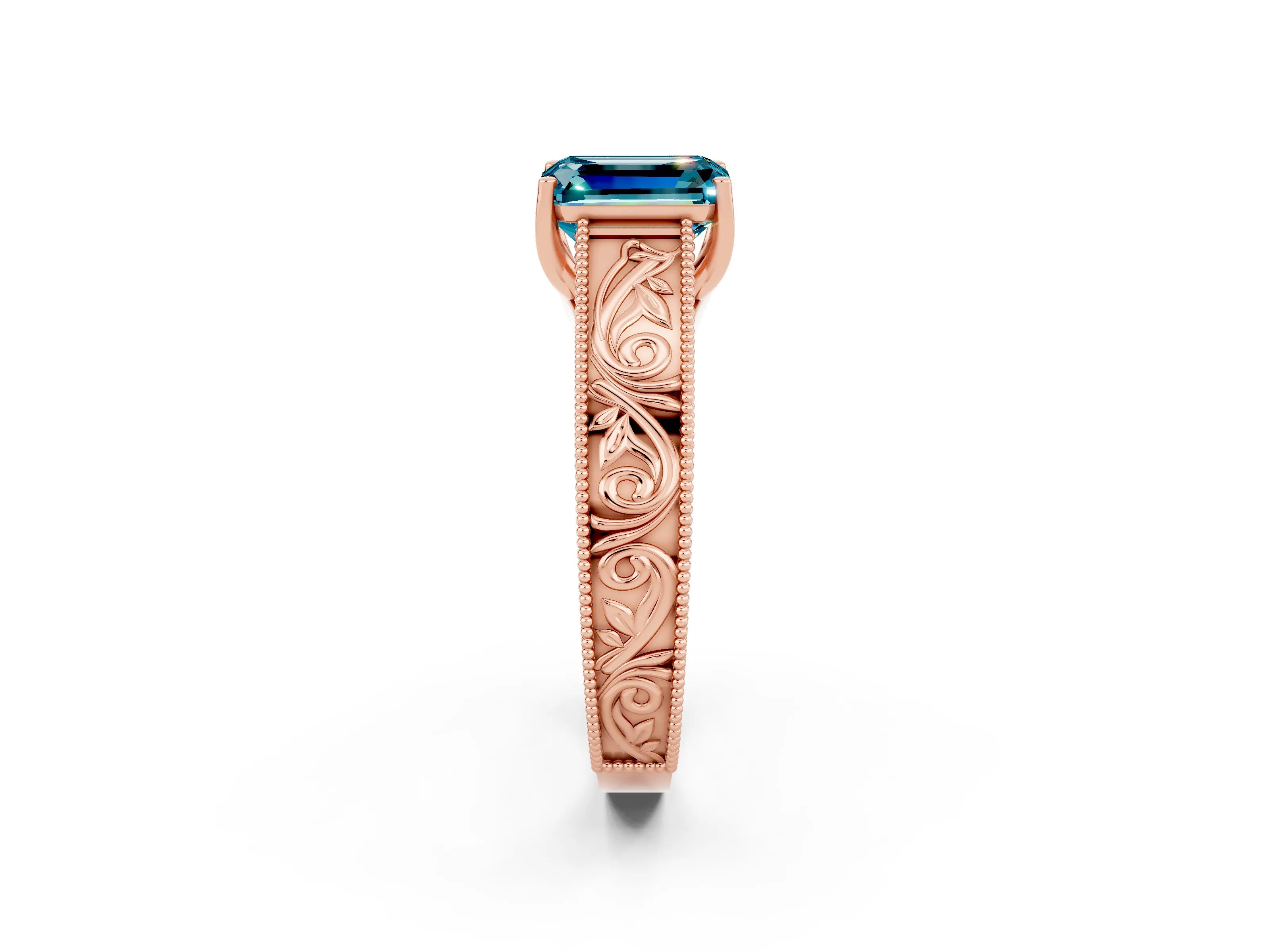 Rose gold Emerald Cut Blue Topaz Solitaire Ring with Engraved Band and Four-Prong Setting_2