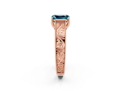 Rose gold Emerald Cut Blue Topaz Solitaire Ring with Engraved Band and Four-Prong Setting_2