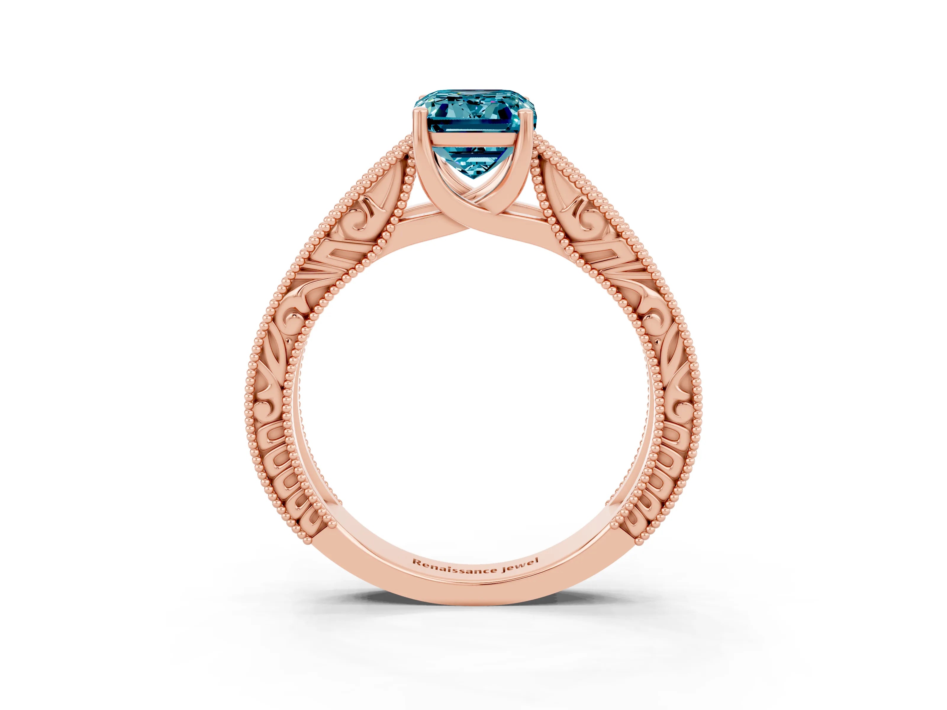 Rose gold Emerald Cut Blue Topaz Solitaire Ring with Engraved Band and Four-Prong Setting_3