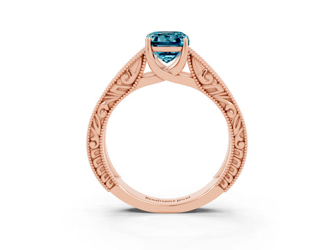 Rose gold Emerald Cut Blue Topaz Solitaire Ring with Engraved Band and Four-Prong Setting_3