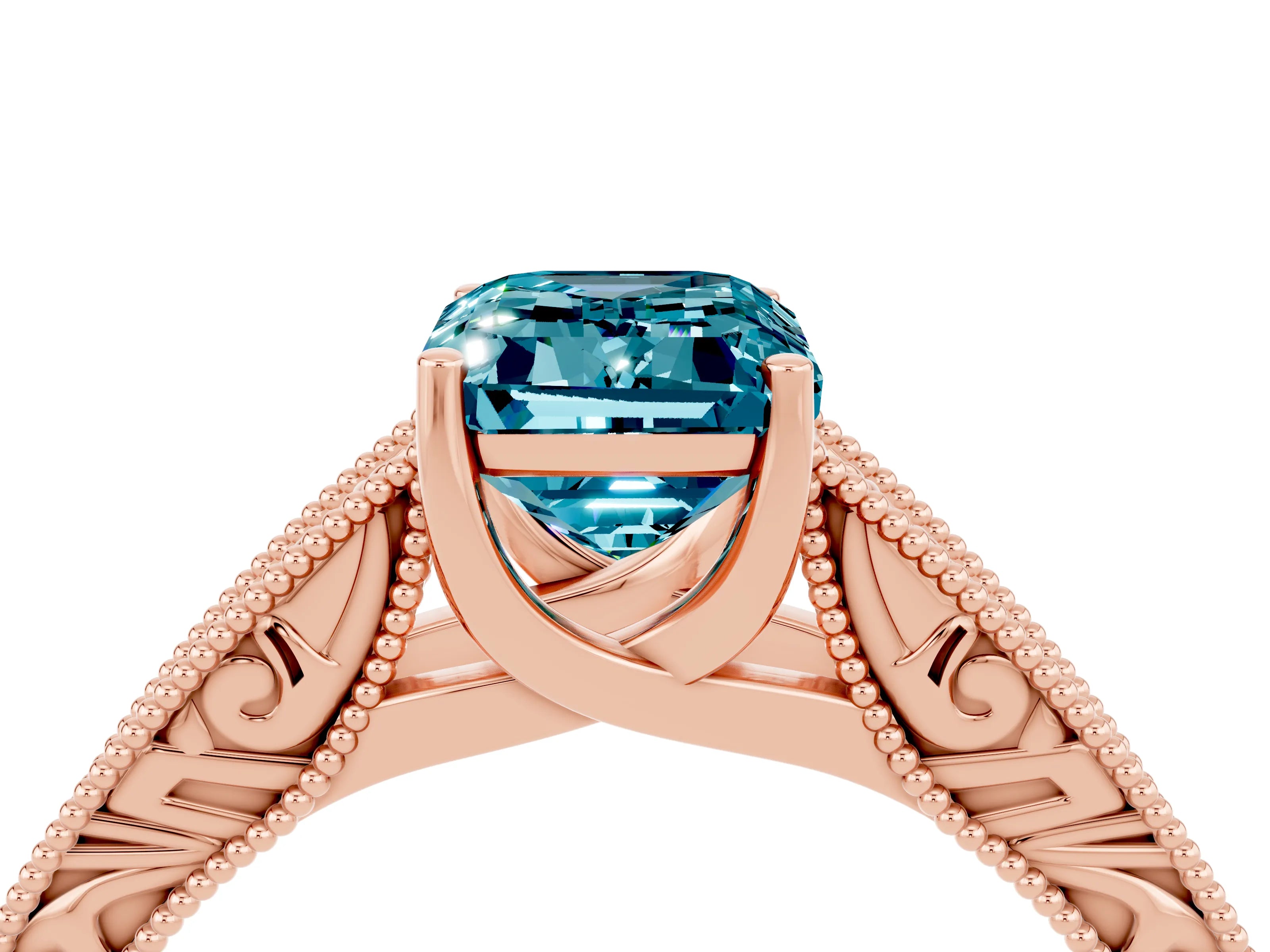 Rose gold Emerald Cut Blue Topaz Solitaire Ring with Engraved Band and Four-Prong Setting_4