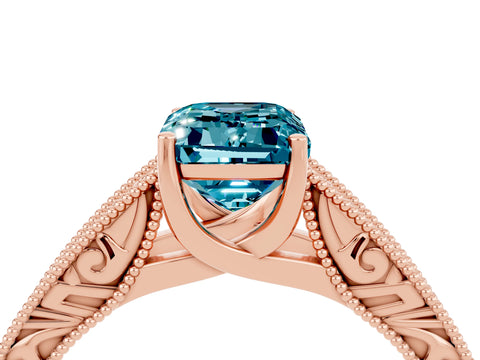 Rose gold Emerald Cut Blue Topaz Solitaire Ring with Engraved Band and Four-Prong Setting_4