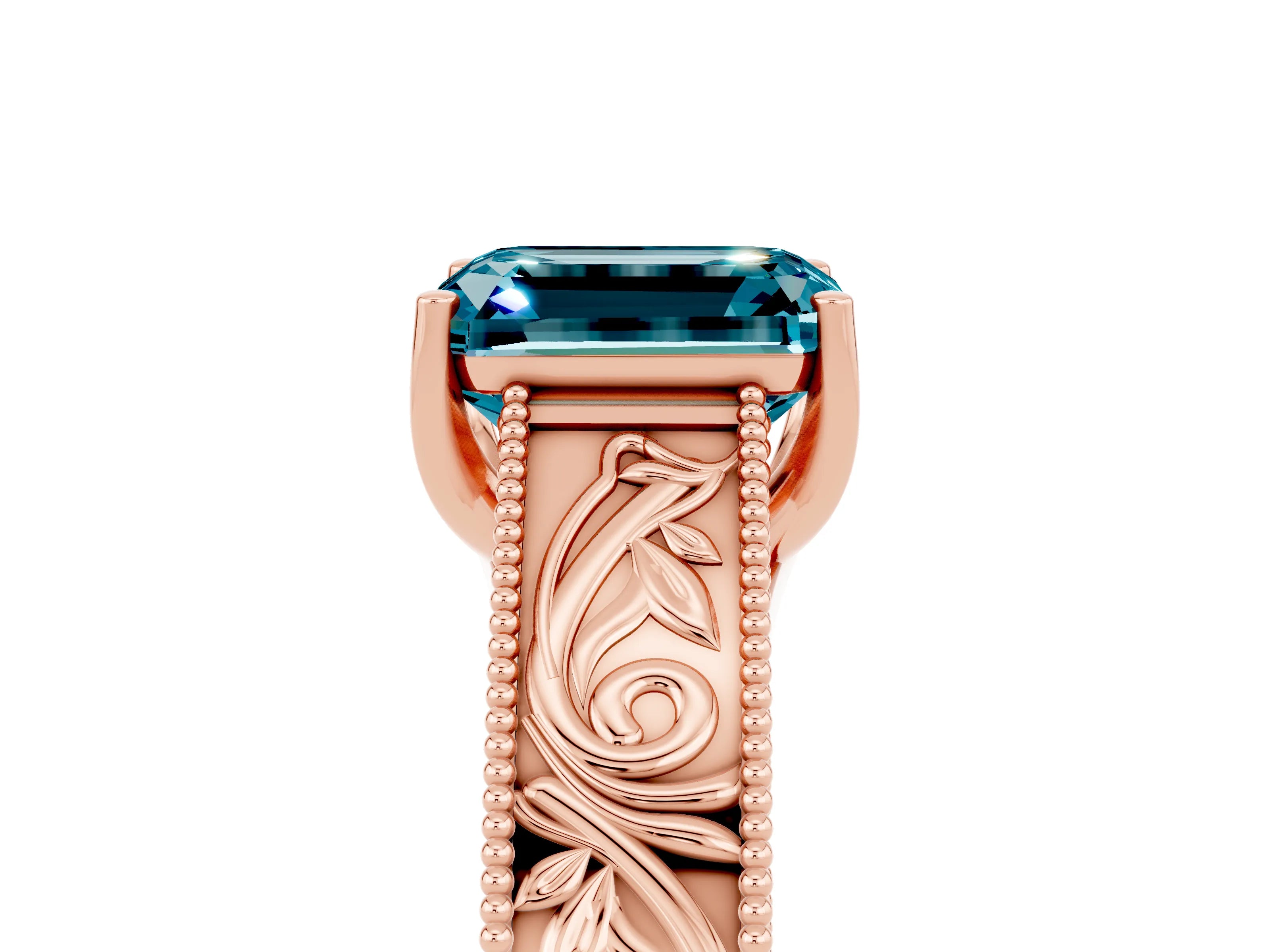 Rose gold Emerald Cut Blue Topaz Solitaire Ring with Engraved Band and Four-Prong Setting_5