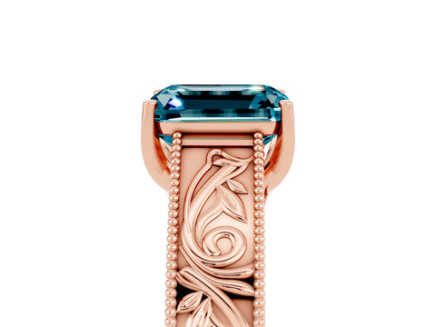 Rose gold Emerald Cut Blue Topaz Solitaire Ring with Engraved Band and Four-Prong Setting_5